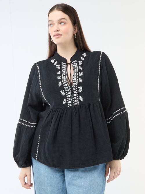 Blouse van katoengaas met fantasie borduursels en koordjes aan de hals - Kiabi