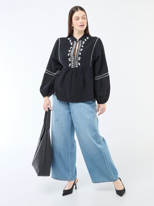 Blouse van katoengaas met fantasie borduursels en koordjes aan de hals - Kiabi