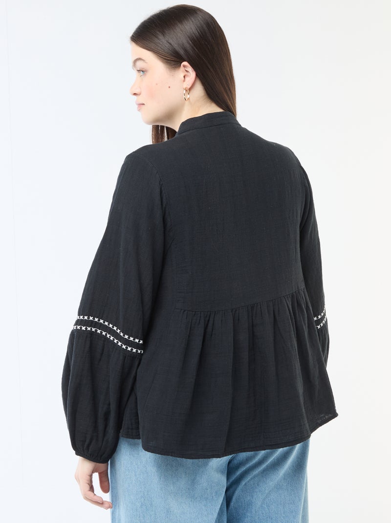 Blouse van katoengaas met fantasie borduursels en koordjes aan de hals Zwart - Kiabi