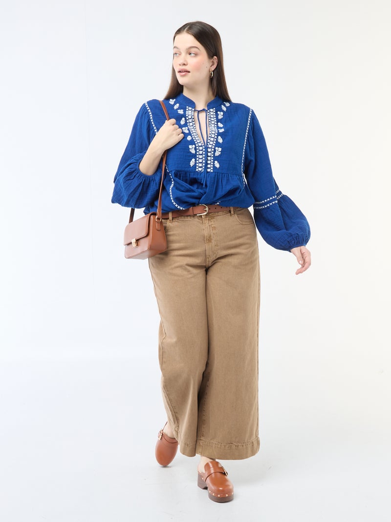 Blouse van katoengaas met fantasie borduursels en koordjes in de hals Blauw - Kiabi