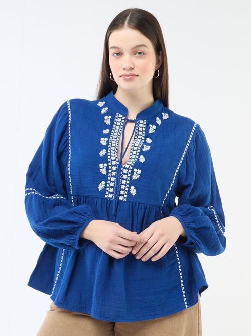 Blouse van katoengaas met fantasie borduursels en koordjes in de hals - Kiabi