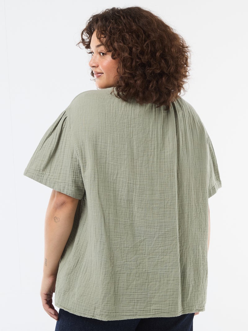 Blouse van katoengaas met gefronste kraag Groen - Kiabi