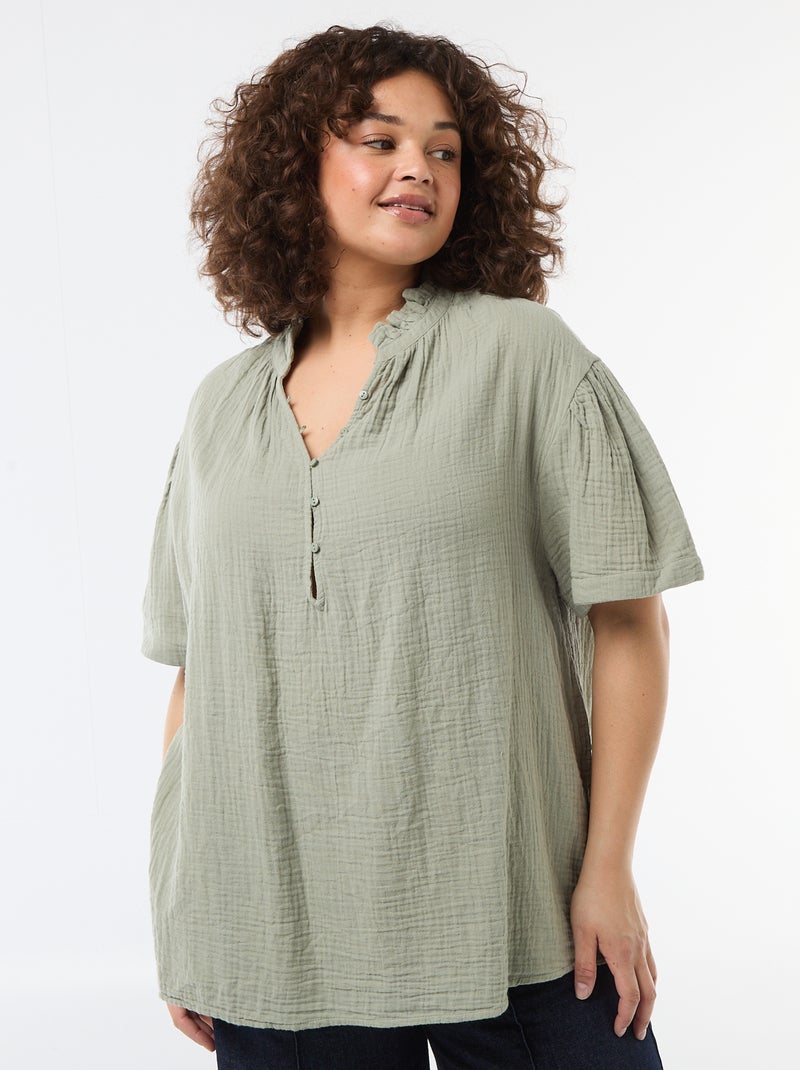 Blouse van katoengaas met gefronste kraag Groen - Kiabi