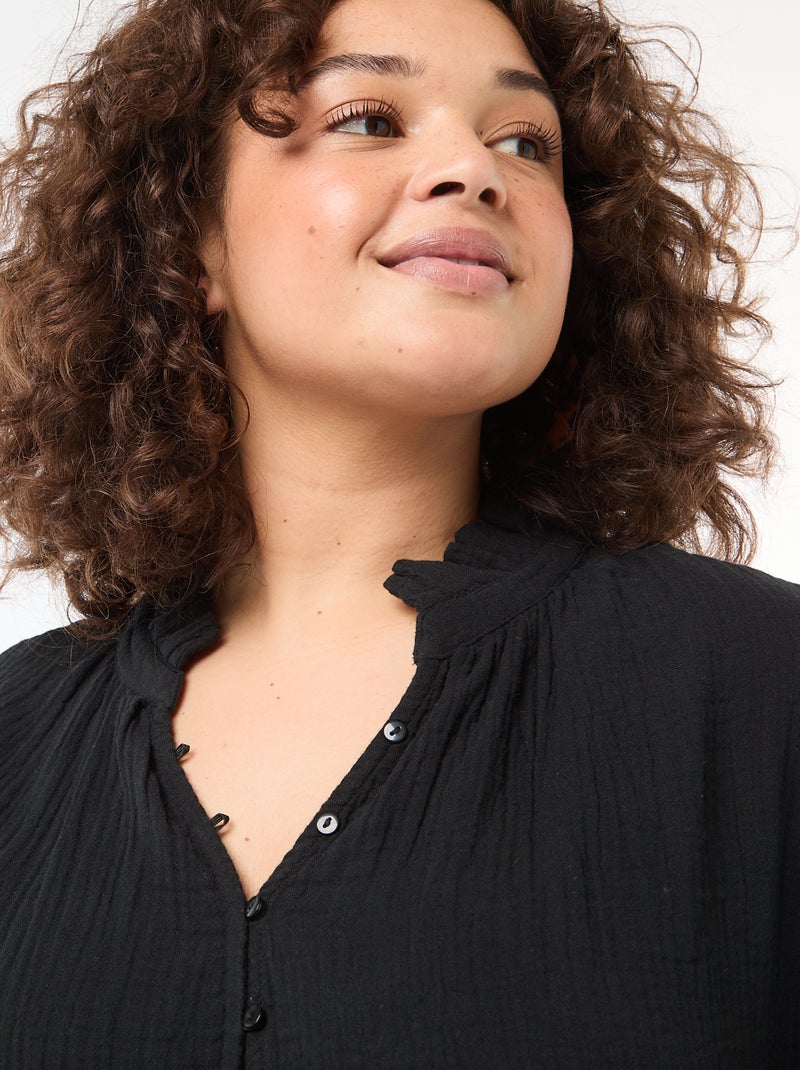Blouse van katoengaas met gefronste kraag Zwart - Kiabi