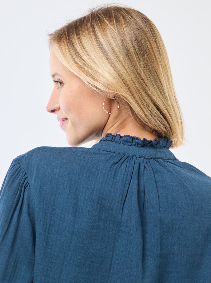 Blouse van katoengaas met golvende randen Blauw - Kiabi