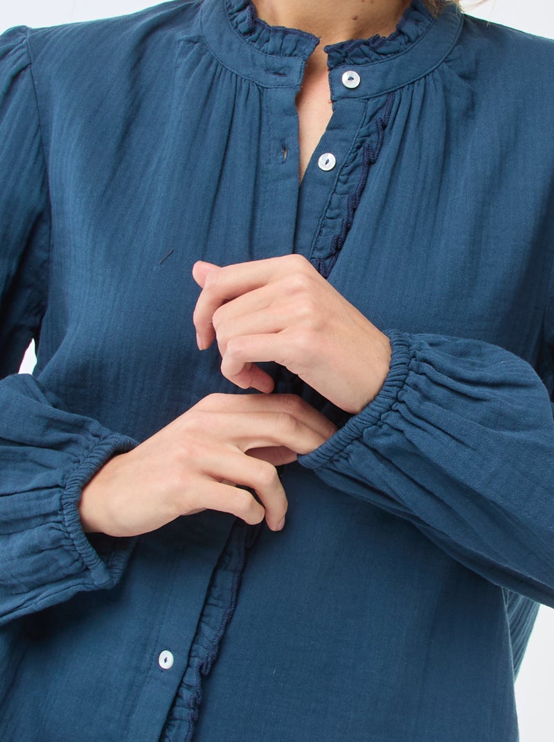 Blouse van katoengaas met golvende randen Blauw - Kiabi