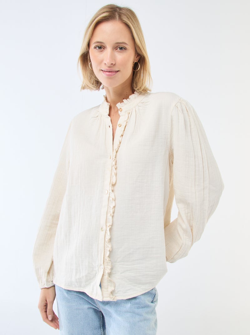Blouse van katoengaas met golvende randen Wit - Kiabi