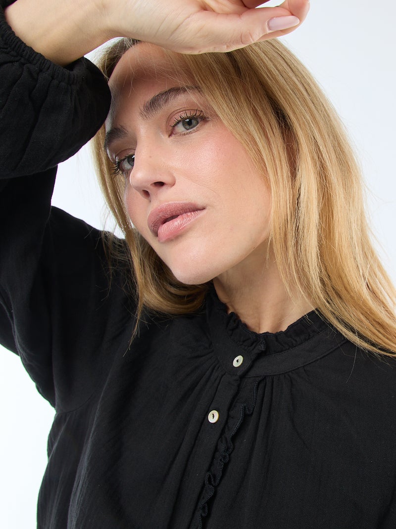 Blouse van katoengaas met golvende randen Zwart - Kiabi