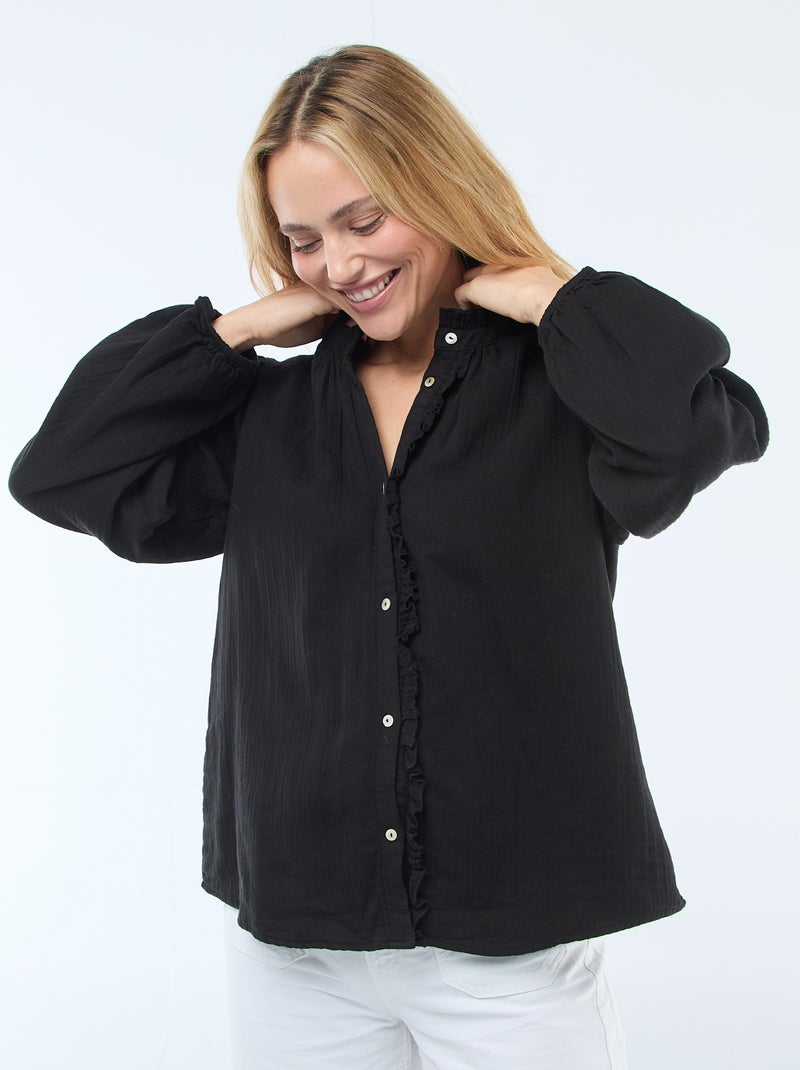 Blouse van katoengaas met golvende randen Zwart - Kiabi