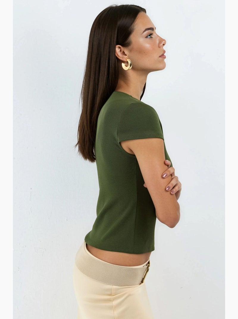 Blouse van katoenmix met ronde hals en korte mouwen busem Kaki - Kiabi