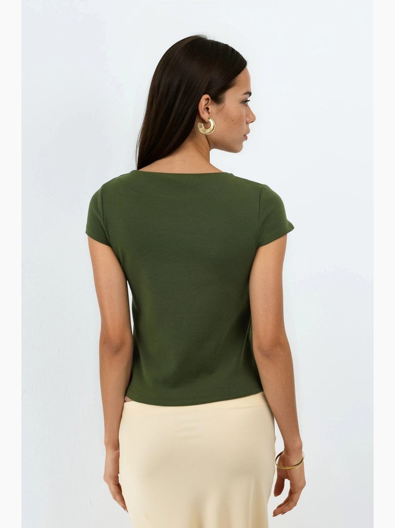 Blouse van katoenmix met ronde hals en korte mouwen busem Kaki - Kiabi