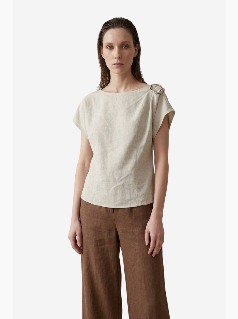 Blouse van katoenpopeline met boothals en strik my fashion Klei-beige - Kiabi
