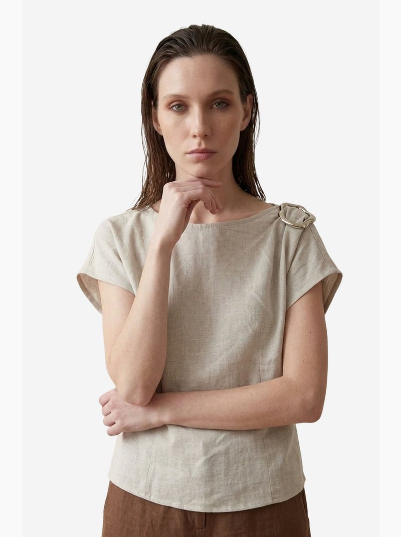 Blouse van katoenpopeline met boothals en strik my fashion Klei-beige - Kiabi
