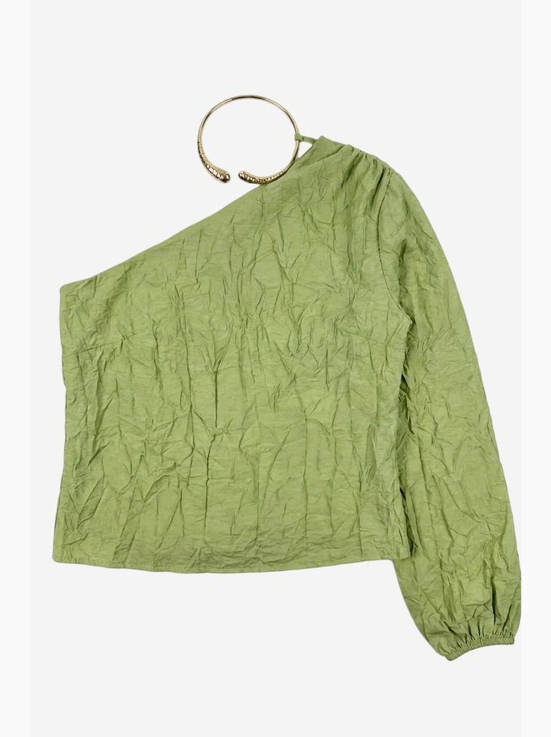 Blouse van katoenpopeline met één schouder en uitsnijding my fashion Pastelgroen - Kiabi