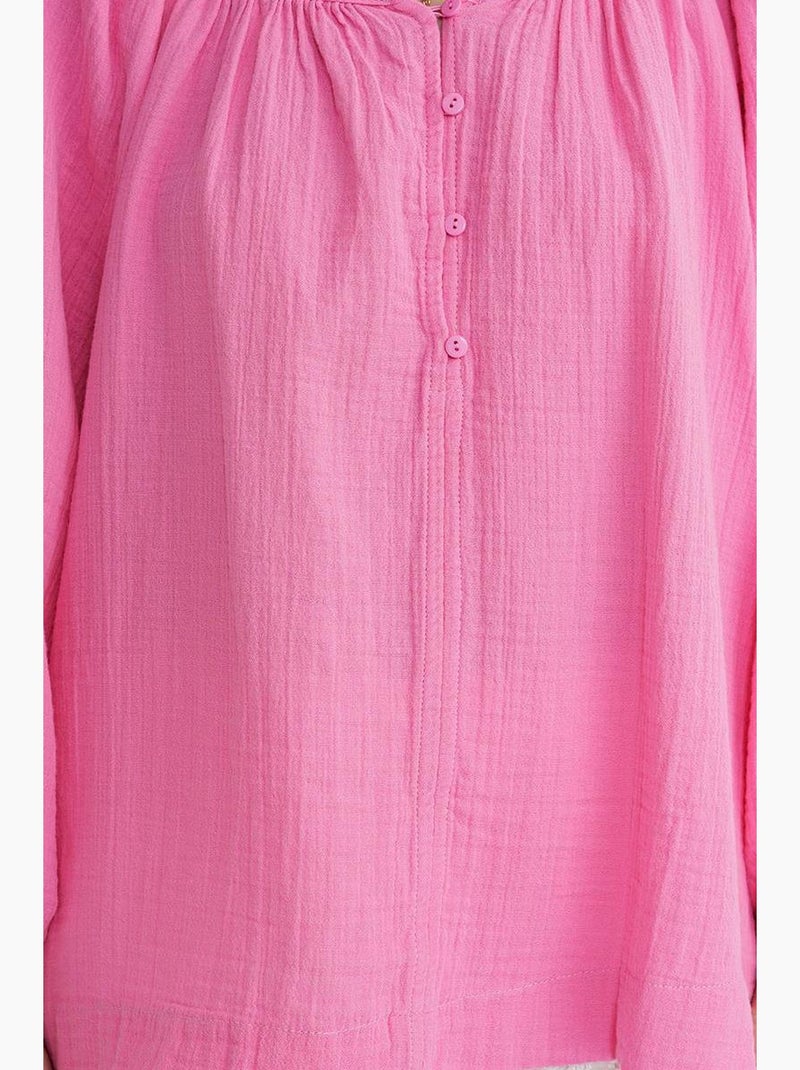 Blouse van mousseline met knopen mixray Fluorroze/Solinotes - Kiabi