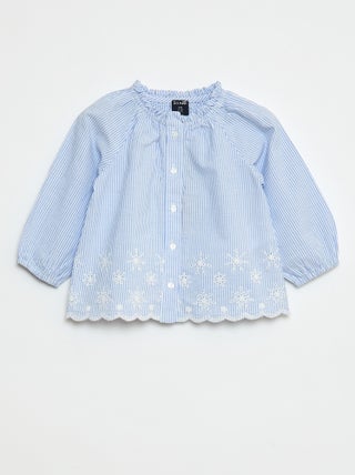 Blouse van poplin met borduursels en ruchekraagje