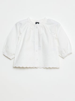 Blouse van poplin met borduursels en ruchekraagje