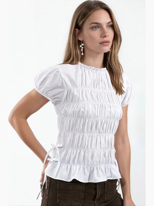 Blouse van poplin met smokwerk busem - Kiabi