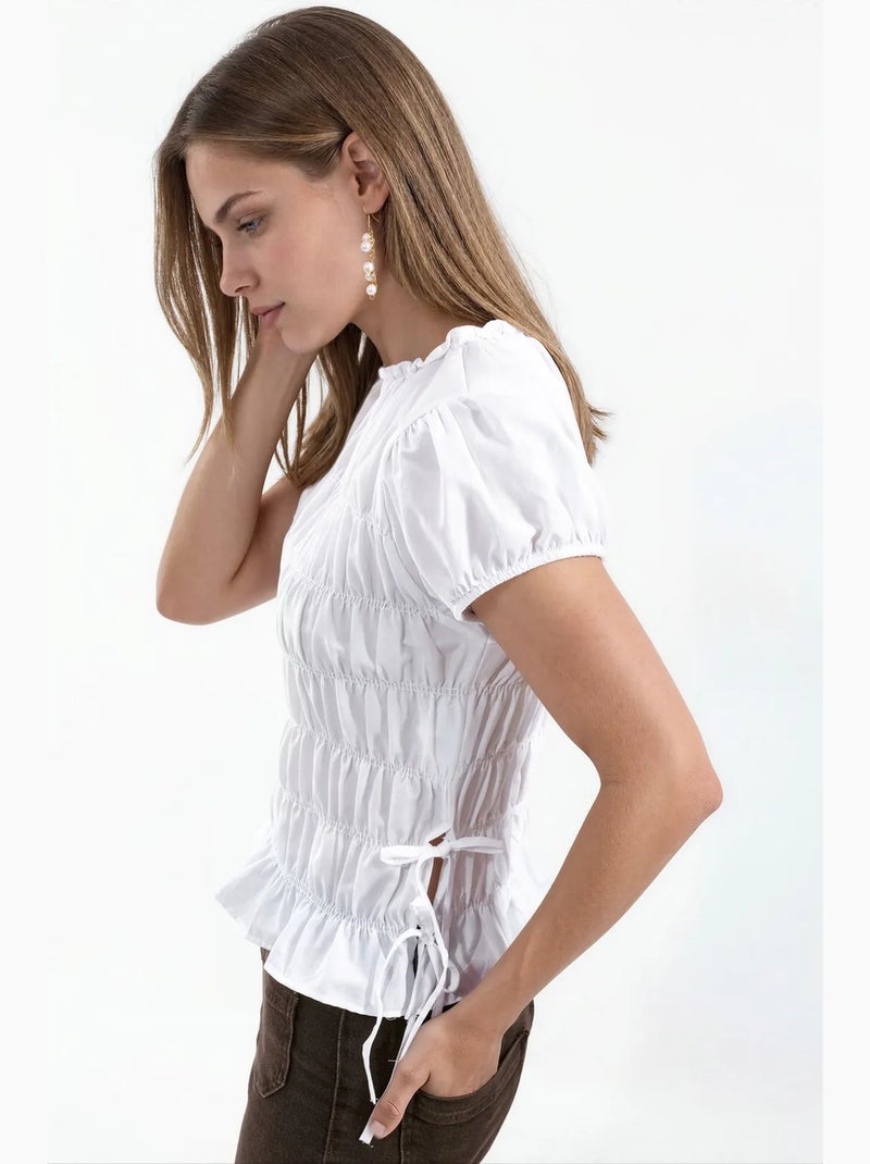 Blouse van poplin met smokwerk busem Wit - Kiabi