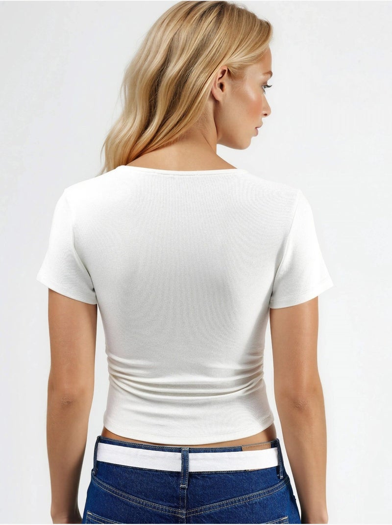 Blouse van stretchbreisel met gedrapeerd detail en aansluitende pasvorm hiccup Wit - Kiabi
