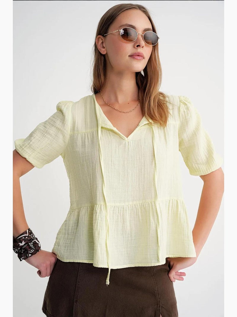 Blouse van structuurmousseline met ronde hals en bies mixray Citroengeel - Kiabi