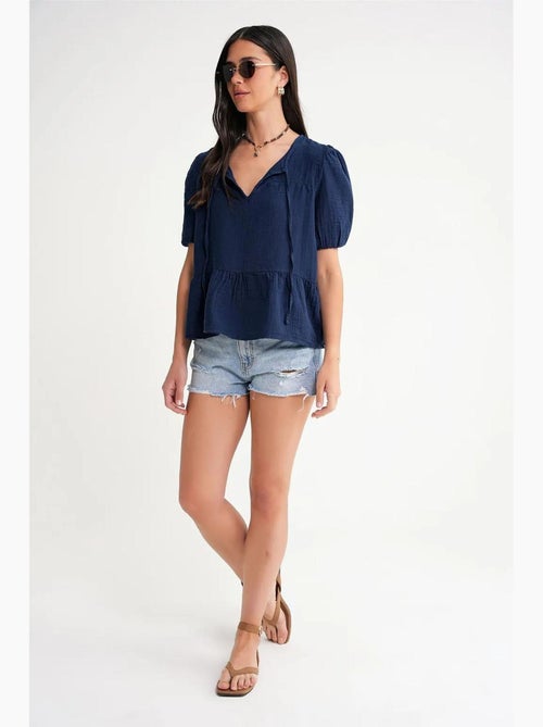 Blouse van structuurmousseline met ronde hals en bies mixray - Kiabi