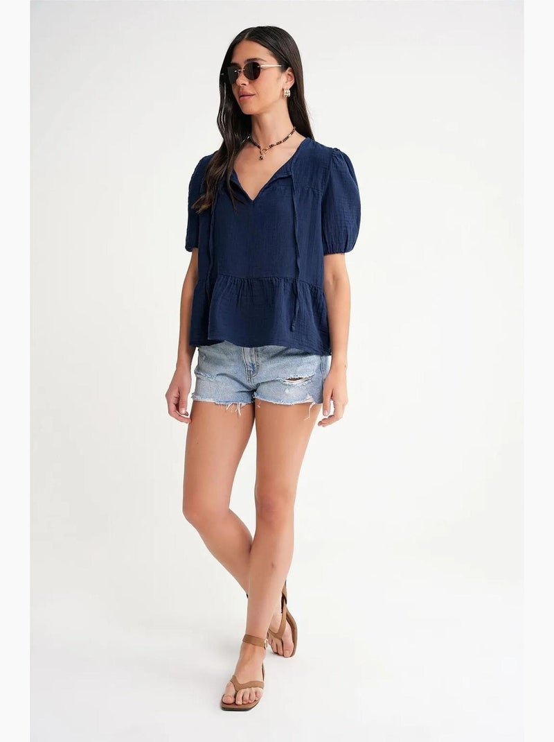 Blouse van structuurmousseline met ronde hals en bies mixray Marineblauw - Kiabi