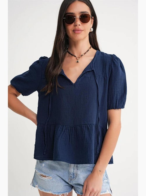Blouse van structuurmousseline met ronde hals en bies mixray - Kiabi