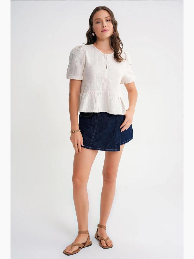 Blouse van structuurmousseline met ronde hals en knopen mixray Beige - Kiabi