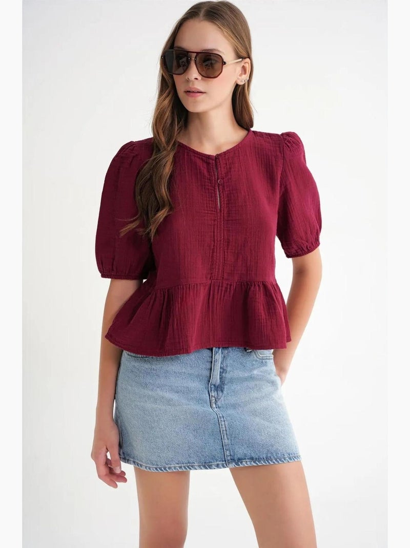 Blouse van structuurmousseline met ronde hals en knopen mixray Bordeauxrood - Kiabi