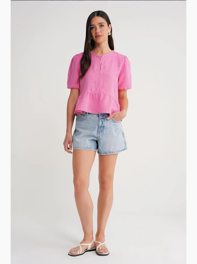 Blouse van structuurmousseline met ronde hals en knopen mixray Fluorroze/Solinotes - Kiabi