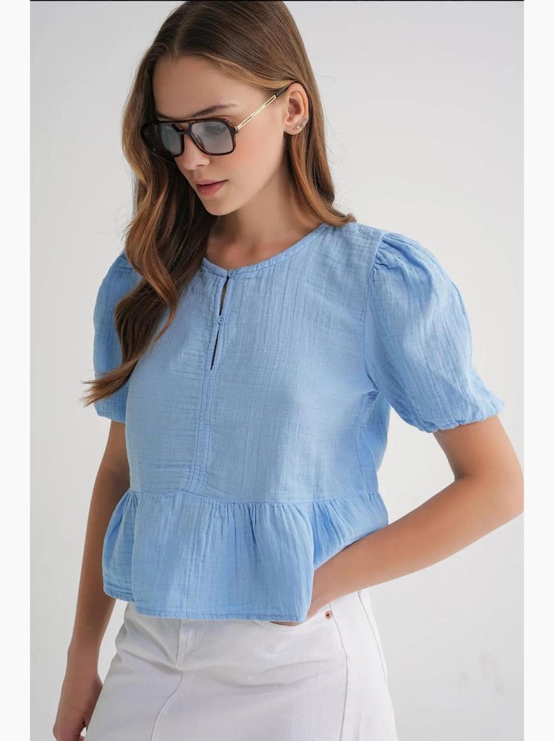 Blouse van structuurmousseline met ronde hals en knopen mixray Hemelsblauw - Kiabi