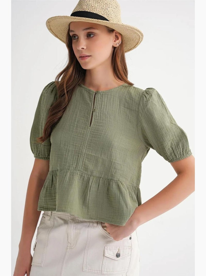 Blouse van structuurmousseline met ronde hals en knopen mixray Kakigroen - Kiabi