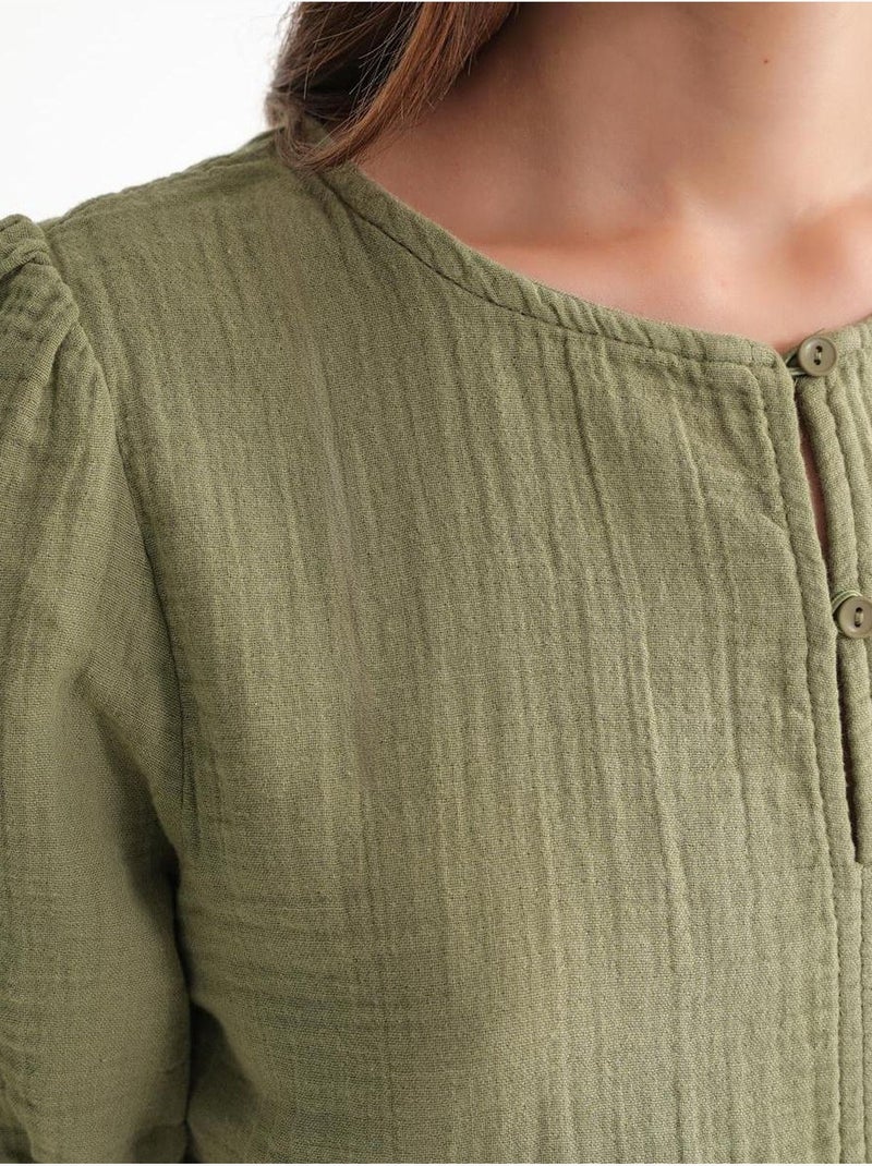 Blouse van structuurmousseline met ronde hals en knopen mixray Kakigroen - Kiabi