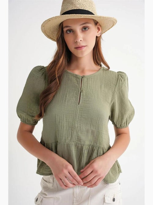 Blouse van structuurmousseline met ronde hals en knopen mixray - Kiabi