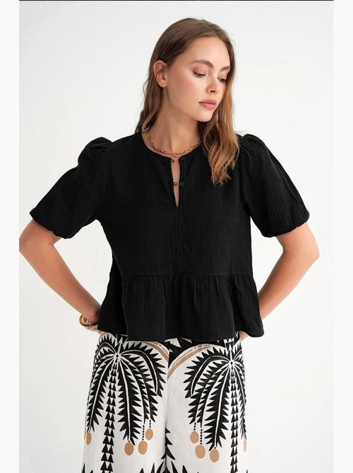 Blouse van structuurmousseline met ronde hals en knopen mixray - Kiabi