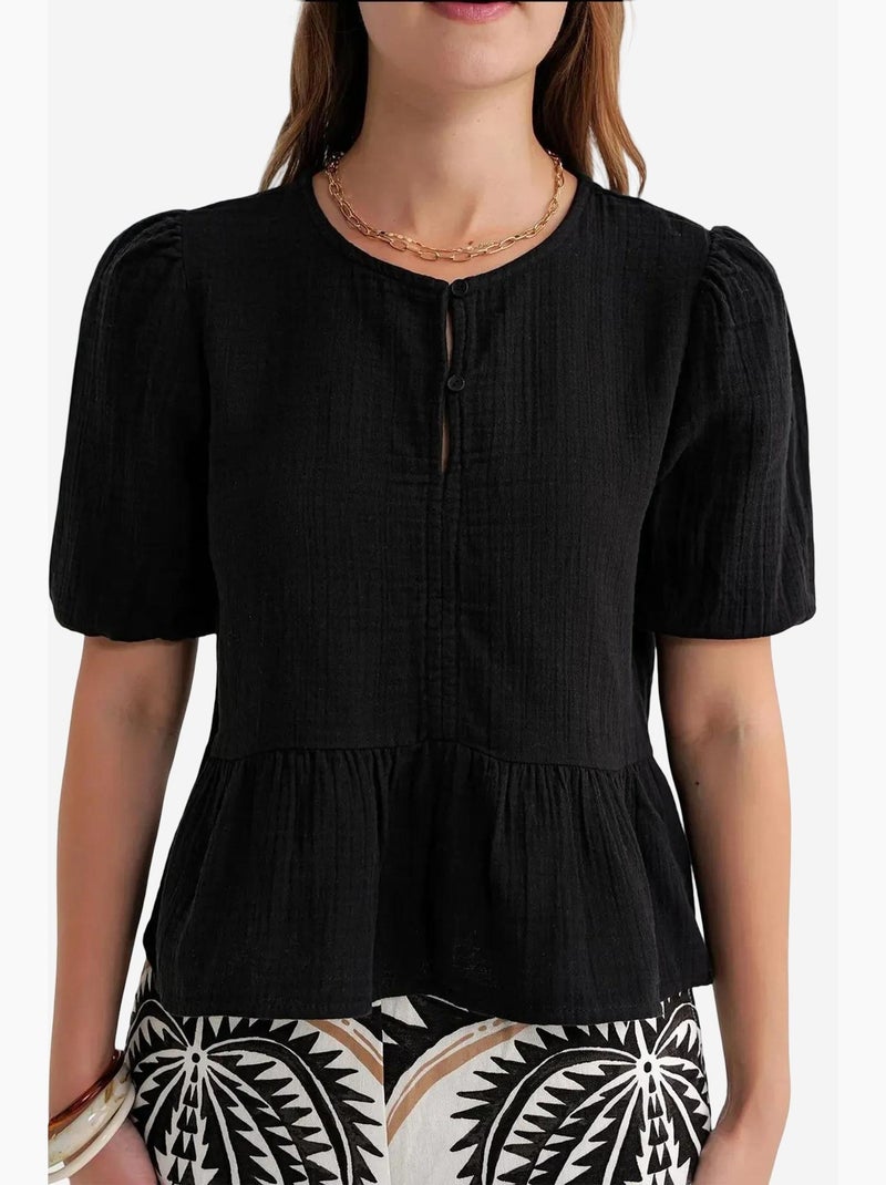 Blouse van structuurmousseline met ronde hals en knopen mixray Zwart - Kiabi