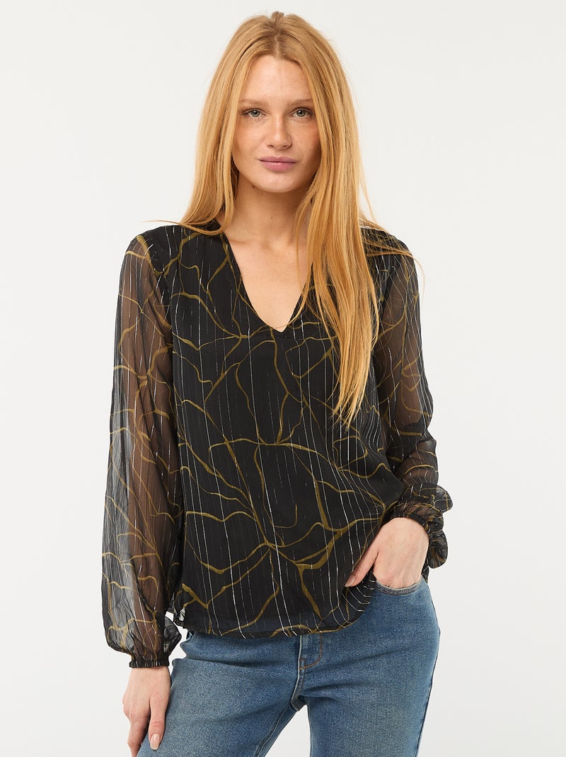 Blouse van transparant soepelvallend tricot met motiefje en zilverkleurig garen Zwart - Kiabi