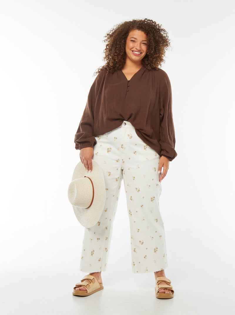 Blouse van zachte, luchtige katoen met pofmouwen Bruin - Kiabi
