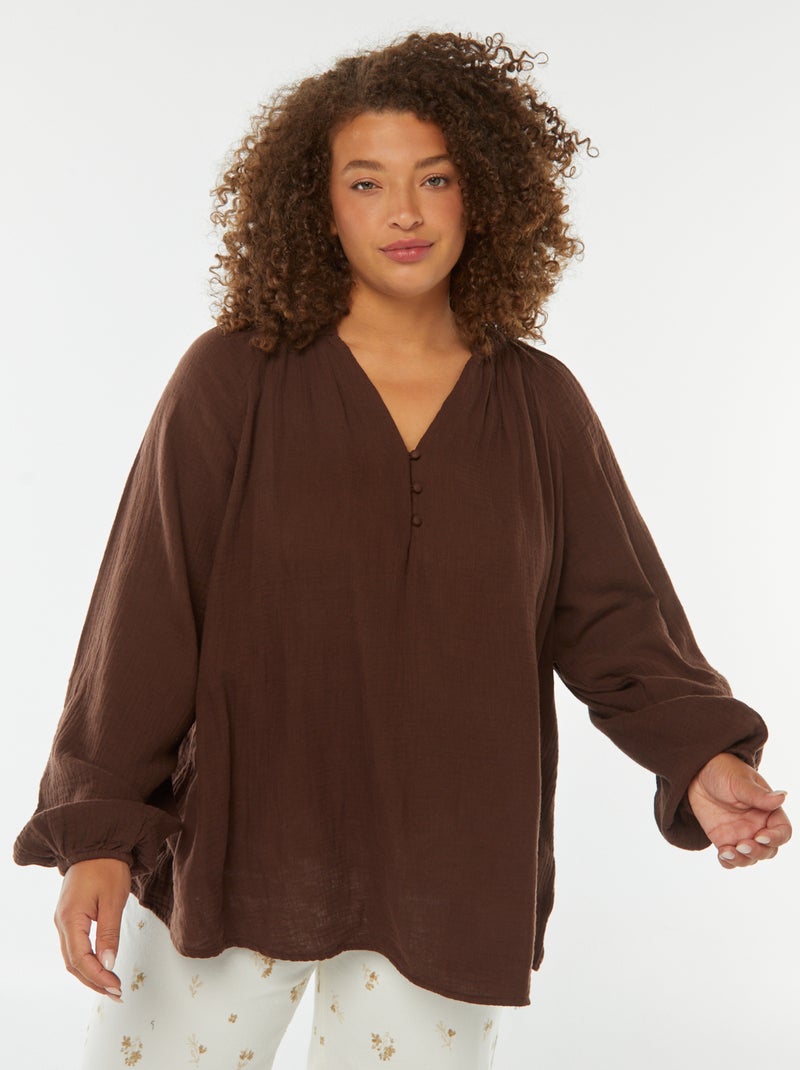 Blouse van zachte, luchtige katoen met pofmouwen Bruin - Kiabi