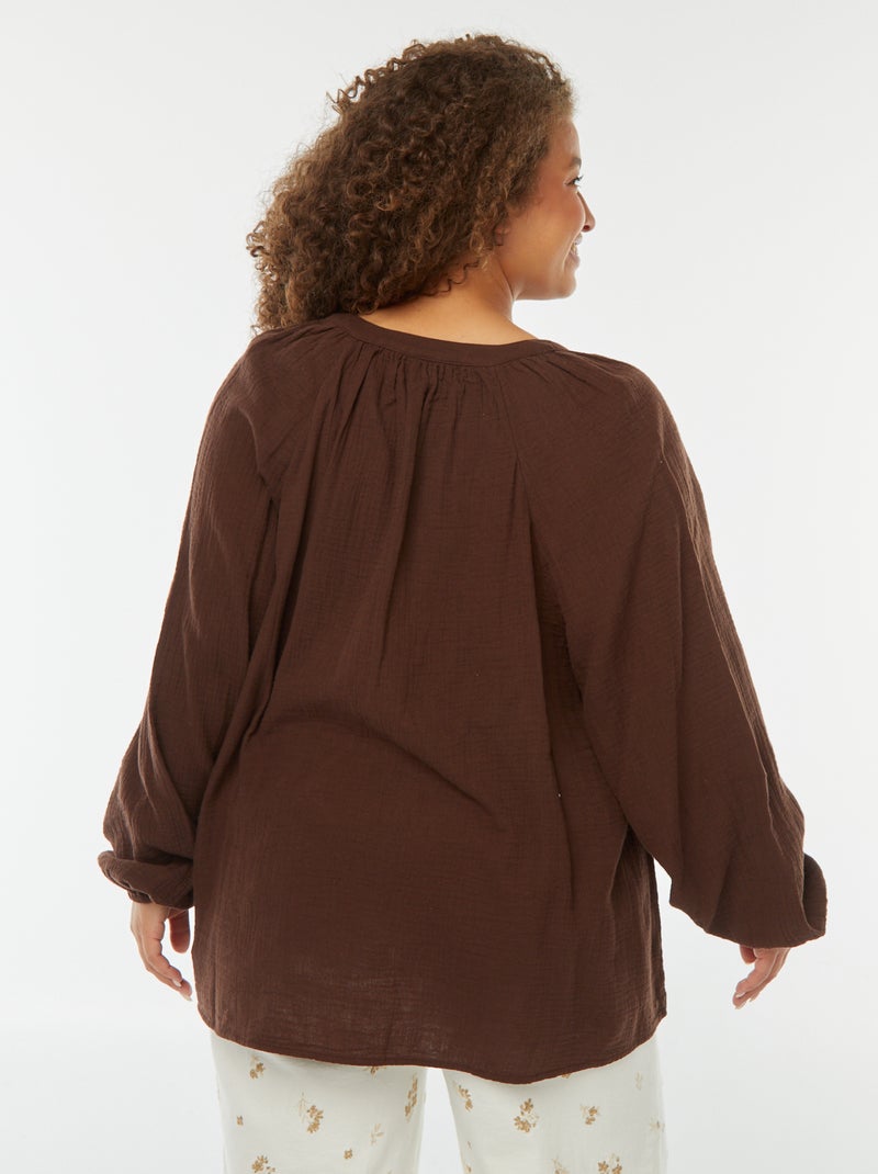Blouse van zachte, luchtige katoen met pofmouwen Bruin - Kiabi