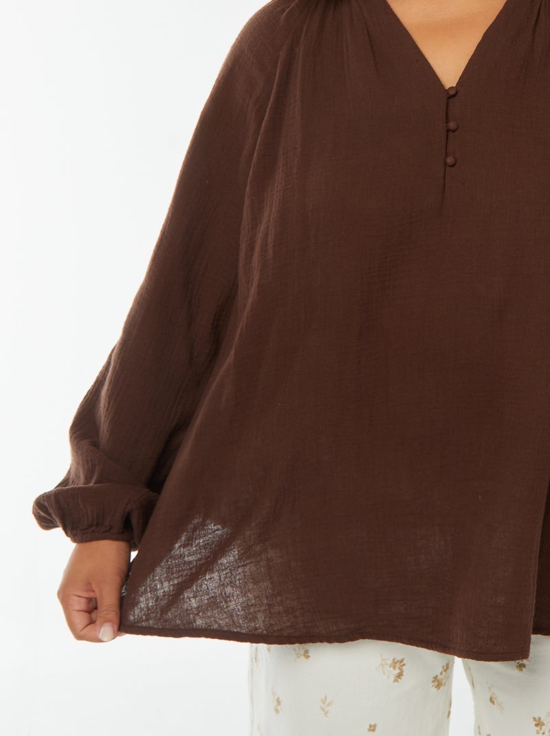 Blouse van zachte, luchtige katoen met pofmouwen Bruin - Kiabi