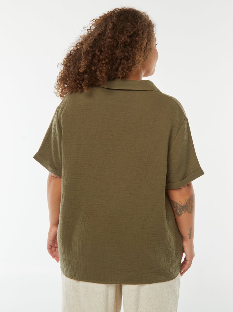 Blouse van zachte, luchtige katoen met polokraagje Kaki - Kiabi