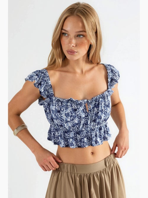 Blouse vierkante hals met ruches bedrukt busem - Kiabi