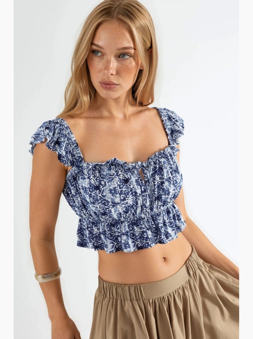 Blouse vierkante hals met ruches bedrukt busem - Kiabi