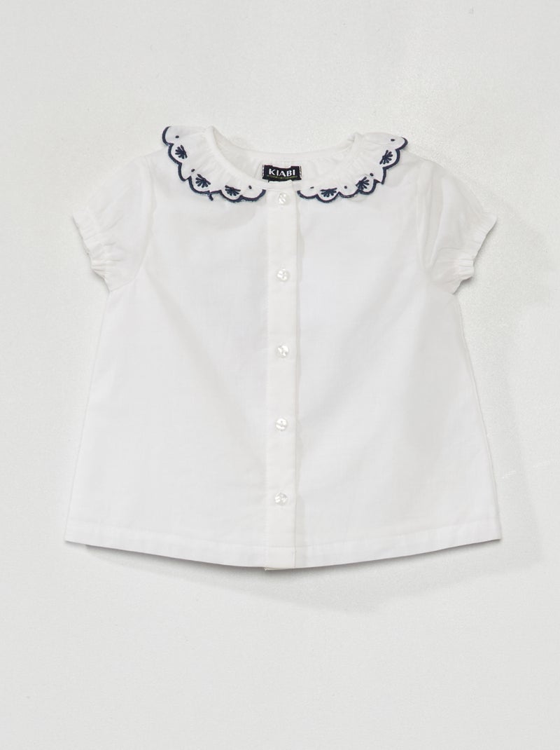 Blouse voile de coton et col claudine Blanc - Kiabi
