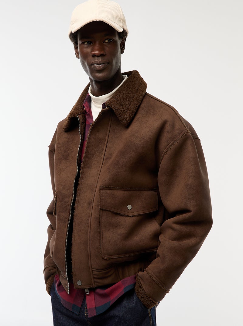 Blouson aviateur façon peau avec col effet moutonné Marron - Kiabi