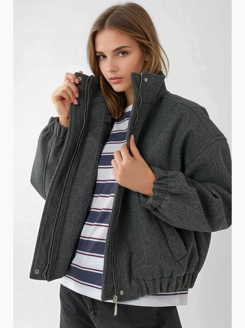 Blouson aviateur texturé avec col de veste hiccup Gris foncé - Kiabi