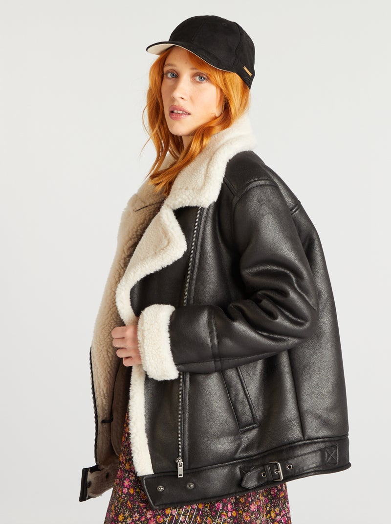 Blouson bombardier doublé effet moutonné noir - Kiabi