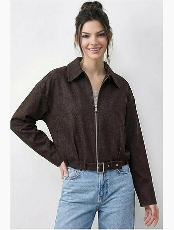 Blouson bomber oversize en jean avec ceinture lucci